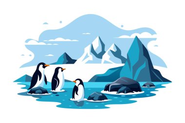 Karlı dağların ve okyanusun arka planında buzun üzerinde duran penguenlerin tasviri. Antarktika yaban hayatının ve soğuk iklimin güzel bir temsili..