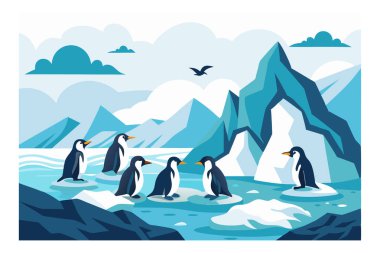 Antarktika okyanusunda mavi buzdağları ve bulutlarla çevrili buz üzerinde yüzen penguenlerin vektör çizimi. Sahne soğuk, buzlu ve vahşi yaşam kavramlarını betimliyor..