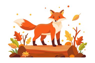 Flat vector illustration of a fox standing on a log in an autumn forest setting, surrounded by colorful fall leaves. clipart