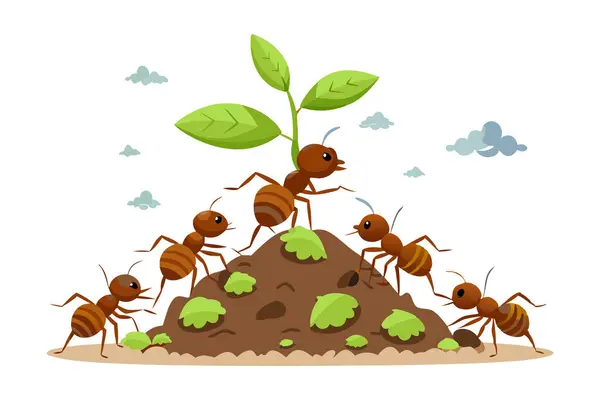 stock vector Colorful illustration of ants collaborating on an anthill, symbolizing teamwork and unity.