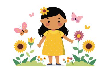Bahçedeki renkli çiçekler ve kelebeklerle çevrili sarı elbiseli küçük bir kızın sevimli bir resmi..