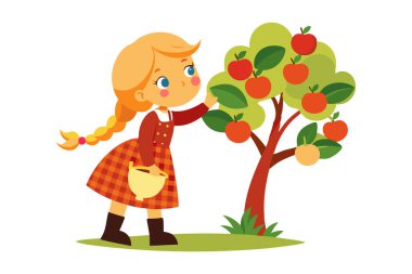 Meyve bahçesindeki ağaçtan elma toplayan ve elinde sepet tutan bir kızın sevimli karikatür çizimi..