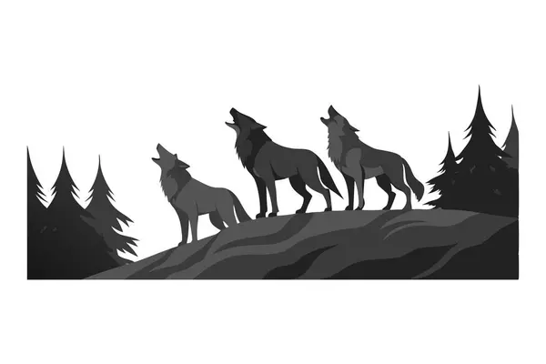 stock vector Monochromatic illustration of three wolves howling while standing on a hill surrounded by pine trees in a forest landscape.