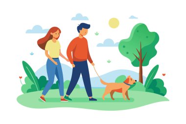 Güneşli bir günde köpeğini parkta gezdiren mutlu bir çift tasviri.