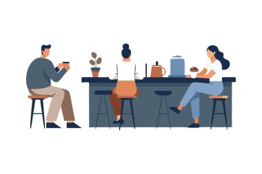 Kafede oturup kahve yudumlayan ve modern bir kafe ortamında sohbet eden üç kişinin resmi..
