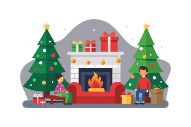 Noel 'i, süslü Noel ağaçları ve hediyelerle dolu şöminenin yanında kutlayan aile..