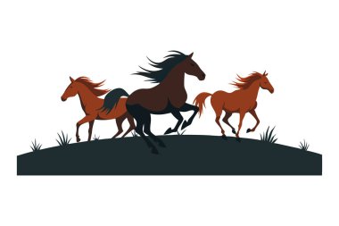 Illustration depicting three horses running gracefully on a hill with a white background, symbolizing freedom and movement. clipart