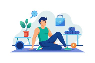 Spor yaptıktan sonra, spor aletleri ve bitkilerle çevrili bir yerde oturup sağlıklı bir yaşam tarzı sergileyen bir fitness meraklısı tasviri..