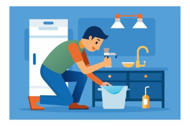 Mutfağı kova ve süngerle temizleyen, günlük ev işlerini yapan ve temizlik yapan bir adam tasviri..