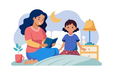 Happy mother reading a bedtime story to her daughter in a cozy bedroom. Family bonding and quality time during bedtime routine. clipart