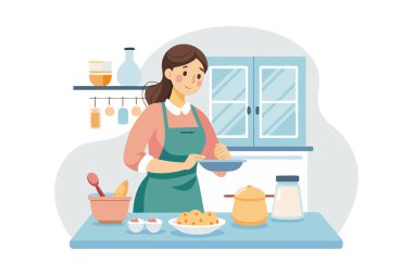 Mutfakta yemek pişiren kadın yemek hazırlıyor. Mutlu kadın taze malzemeler ve çatal bıçaklarla yemek yapıyor..