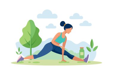 Genç bir kadın parkta esneme egzersizleri yapıyor fitness, sağlıklı yaşam ve aktif yaşam tarzını destekliyor..