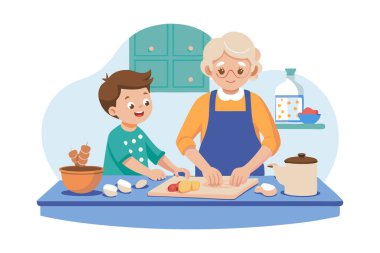 Neşeli bir büyükanne ve torunu mutfakta birlikte yemek pişiriyor, aile bağlarının tadını çıkarıyor ve ev yapımı yemekler yapıyorlar..