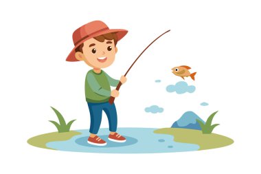 Gölde balık tutan, oltayla balık tutan mutlu bir çocuk tasviri. Çocuğun şapkası var ve yüzünde kocaman bir gülümseme var..