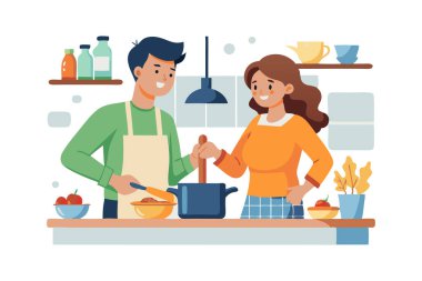 Modern bir mutfakta birlikte yemek pişiren mutlu çift, yemek hazırlarken takım çalışması ve neşe gösterisi yapıyor..