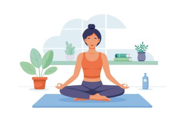 Bitkiler ve kitaplarla çevrili evde meditasyon yapan bir kadın tasviri. Yoga minderinde bacak bacak üstüne atmış oturuyor..