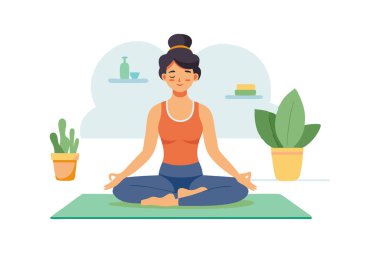 Evinde, etrafı saksı bitkileriyle çevrili, rahatlamayı, farkındalığı ve sağIığı destekleyen meditasyon yoga pozu veren bir kadın tasviri..