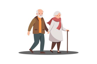 Yaşlı bir çiftin el ele yürümesi sevgi, arkadaşlık ve destek göstergesi. Sıkı giyinmişler ve istikrar için baston kullanıyorlar..