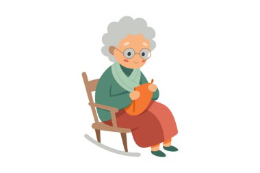 Yaşlı bir kadının sallanan sandalyede örgü örüşünün hoş bir çizimi. Bir örgü örerken sakin ve odaklanmış görünüyor..
