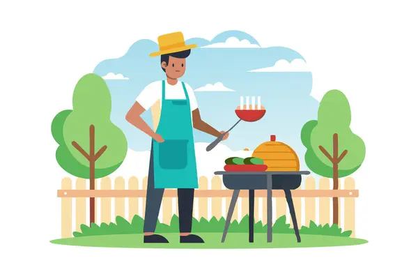 stock vector Illustration of a man barbecuing in the backyard, surrounded by nature, trees, and a bright sky.