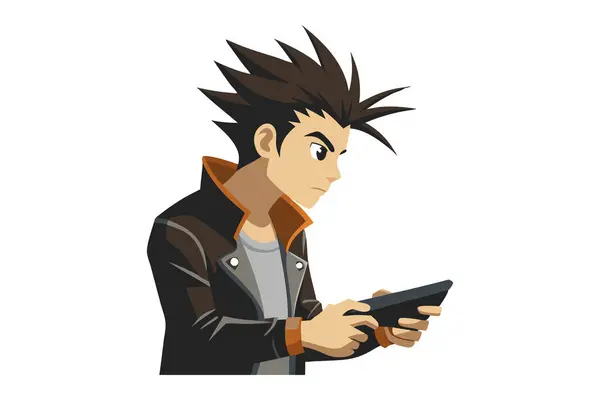 stock vector Illustration of an animated character with an intense expression, playing a handheld video game while wearing a brown jacket and casual outfit.