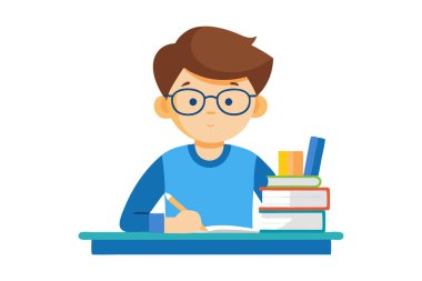 Gözlüklü genç bir çocuğun kitap ve kırtasiye malzemeleriyle dolu bir masada ders çalışmasının tasviri..