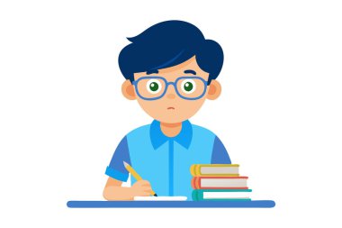 Kitaplarla çalışırken ve masa başında kalemle yazarken konsantre olan bir çocuğun vektör çizimi.