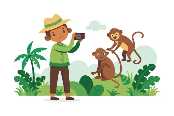 stock vector Cute illustration of a boy with a camera photographing playful monkeys in a lush jungle setting. Great for depicting children, wildlife, photography, and outdoor adventure concepts.