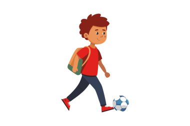 Sırt çantalı genç bir çocuk yürürken futbol topunu tekmeliyor..