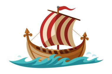 Suda kırmızı yelkenli Viking gemisi