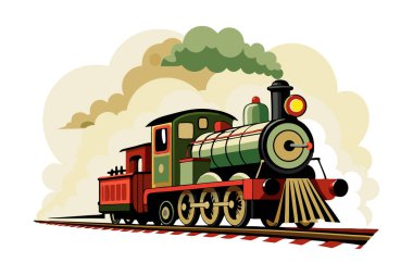 Eski model buhar treni raylarda ilerliyor.