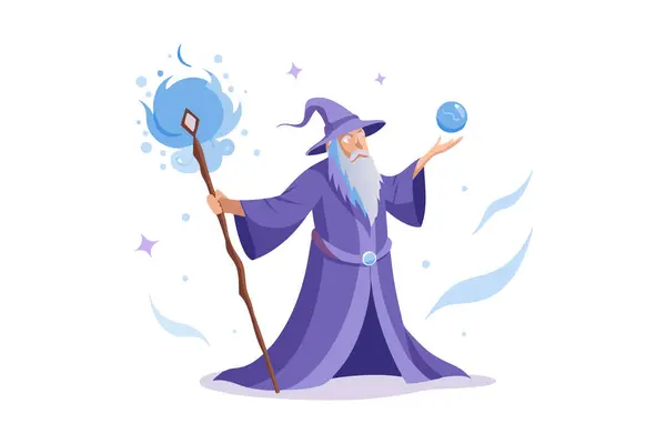 stock vector Wizard holding a staff and casting spell