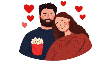 Romantik temalar için mükemmel, patlamış mısırla bir anı paylaşan bir çiftin samimi bir çizimi..