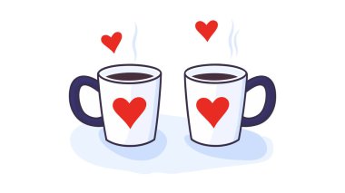 Kalp motifleri olan kahve fincanlarının büyüleyici çizimi, romantik temalar için mükemmel..