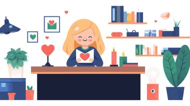 A cheerful woman shares love through a heart card in a cozy, minimalist workspace. clipart