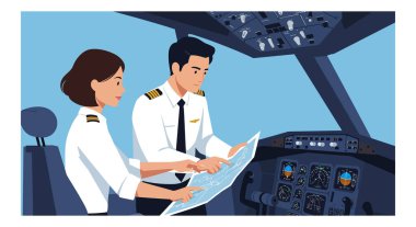Çizimler, bir erkek ve kadın pilotun bir uçak kokpiti içindeki uçuş haritasını işbirliği içinde analiz ettiğini gösteriyor..