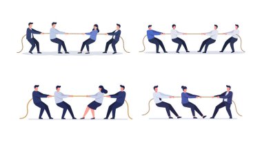 The second frame shows team members pulling the rope with increased intensity and determination compared to the first. clipart