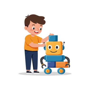 Çocuk bir bloğu takmaktan, tamamlanmış robot oyuncağına gülümsemeye geçiyor, neşe ve yaratıcılık sergiliyor..