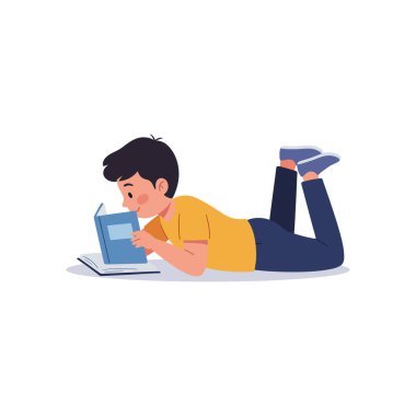 The boy transitions from reading a book to a more engaged position, emphasizing his focus and enjoyment. clipart