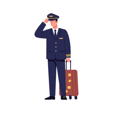 Pilot karakter, her iki karede de bavulu tutarken ayakta durmaktan selam vermeye geçer..