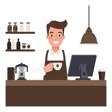 İlk çerçeve baristanın kahve servisi yapmaya hazır olduğunu gösteriyor, ikinci çerçeve ise bardakla gülümsediğini gösteriyor..