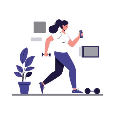 Kadın telefonunu kullanarak yürümekten egzersiz yapmaya dönüşüyor, dinamik bir fitness gösterisi sergiliyor..