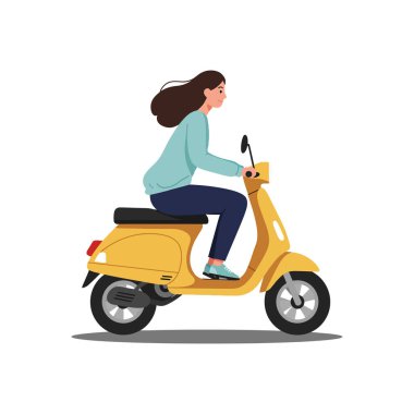 Görüntü, rahat bir duruşu ve dalgalı saçı olan bir kadının scooter sürüşünü gösteriyor..