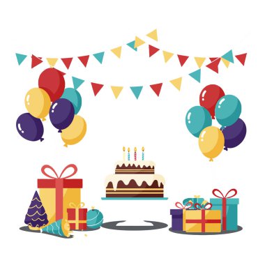 The transition showcases the vibrant elements of a birthday party, highlighting gifts, balloons, and a cake. clipart