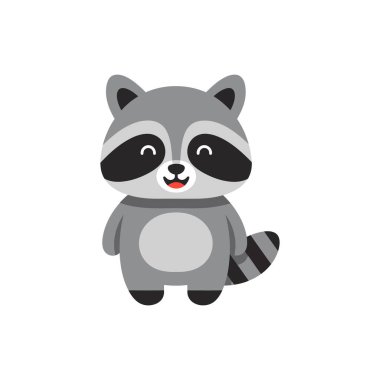 A friendly raccoon stands smiling with a playful demeanor, featuring minimalistic shapes and soft colors, evoking a joyful atmosphere. clipart