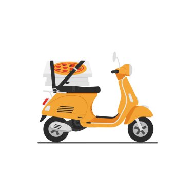 Neşeli sarı bir scooter pizza teslimatı için hazır bekliyor. Arkasında da güvenli bir şekilde bağlanmış bir pizza kutusu var..