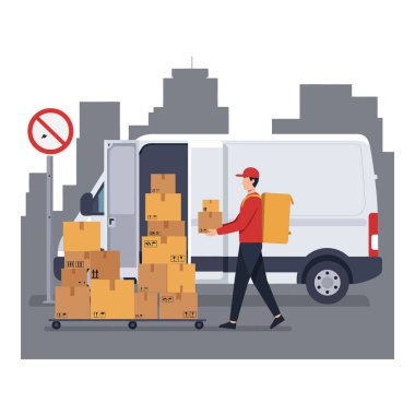 Kırmızı üniformalı bir teslimatçı, istiflenmiş paketler ve park yasağıyla çevrili bir kutuyu kaldırır..