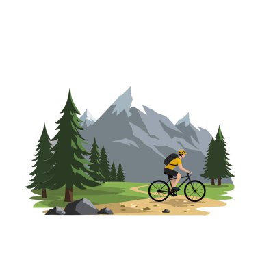 A cyclist in a yellow helmet rides along a winding path, enjoying the serene mountain landscape with lush greenery. clipart