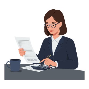 Profesyonel bir kadın, kahve yudumlarken, üretken ve ciddi bir atmosfer taşırken hesap makinesi kullanarak finansal belgelere odaklanır..