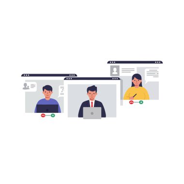 Modern, dijital bir çalışma alanında odaklanma ve işbirliği ifade eden üç kişi bir video çağrısına katılıyor..
